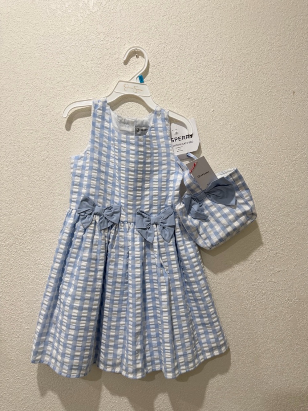 Sperry Light Blue & White Gingham Dress with Bow Purse